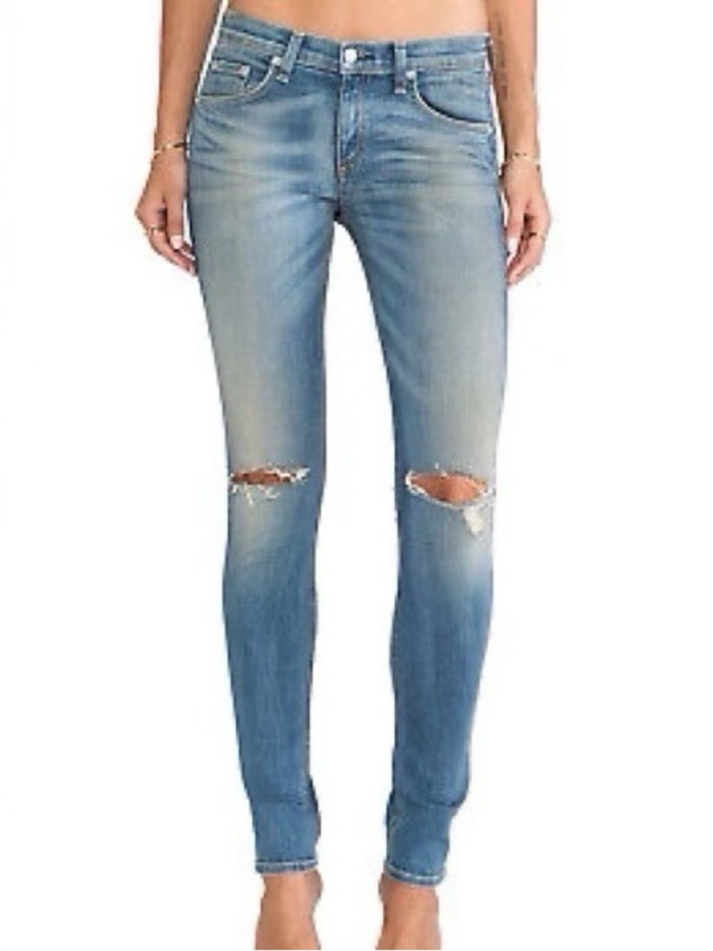 Rag & Bone 26 Retro Capistrano Faded Wash Distressed Knee Low-Rise Skinny Jeans